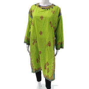 Limelight Womens Kaftan Top Green Paisley Cotton Long Sleeve Round Neck Size M